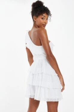 Cream Chiffon Dobby One Shoulder Mini Dress -Glamourista 00100037210 XB