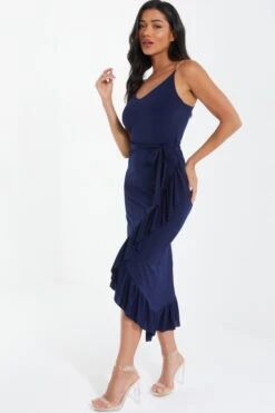 Navy Slinky Chain Wrap Midi Dress -Glamourista 00100037217 XS