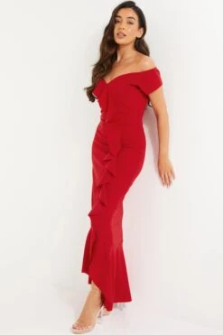 Petite Red Bardot Frill Maxi Dress -Glamourista 00100037281 XS
