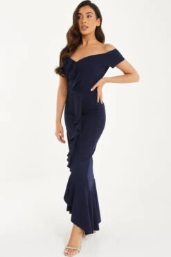 Petite Navy Bardot Frill Maxi Dress -Glamourista 00100037284 XS