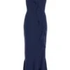 Petite Navy Bardot Frill Maxi Dress