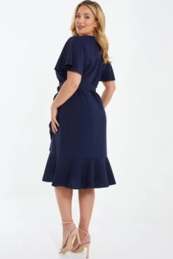 Curve Navy Wrap Buckle Midi Dress -Glamourista 00100037287 XB