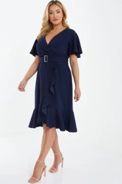 Curve Navy Wrap Buckle Midi Dress -Glamourista 00100037287 XS