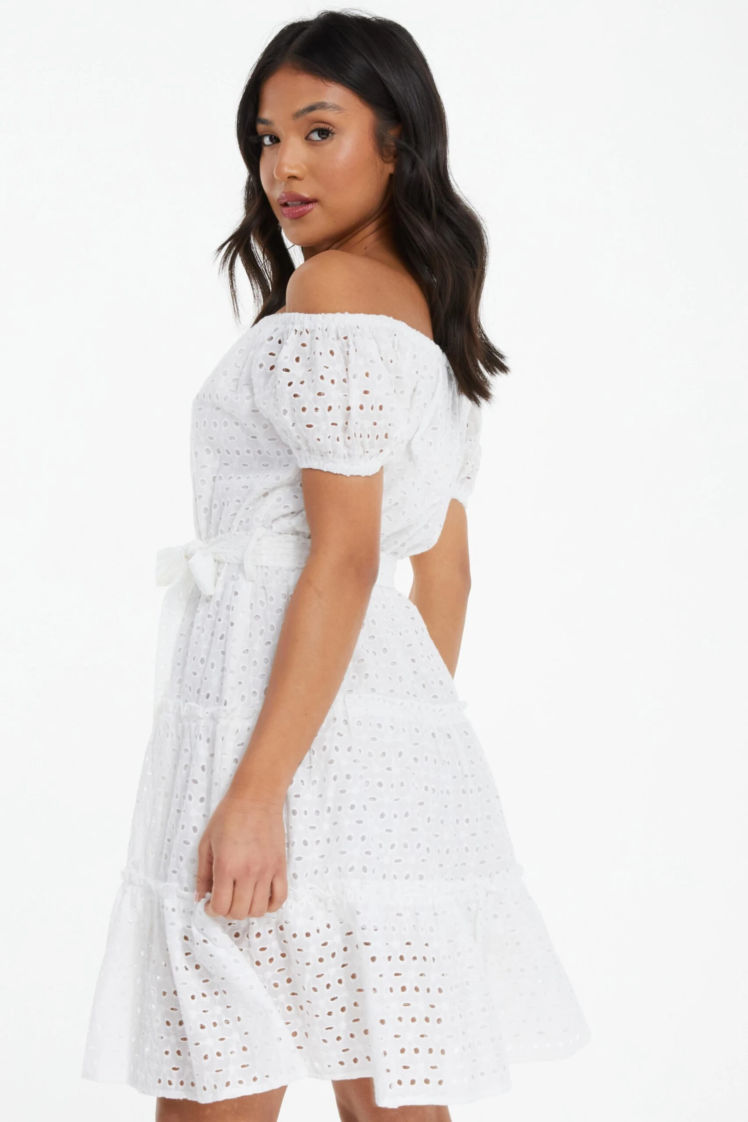 Petite White Embroidered Bardot Mini Dress 3 Petite White Embroidered Bardot Mini Dress - Image 3