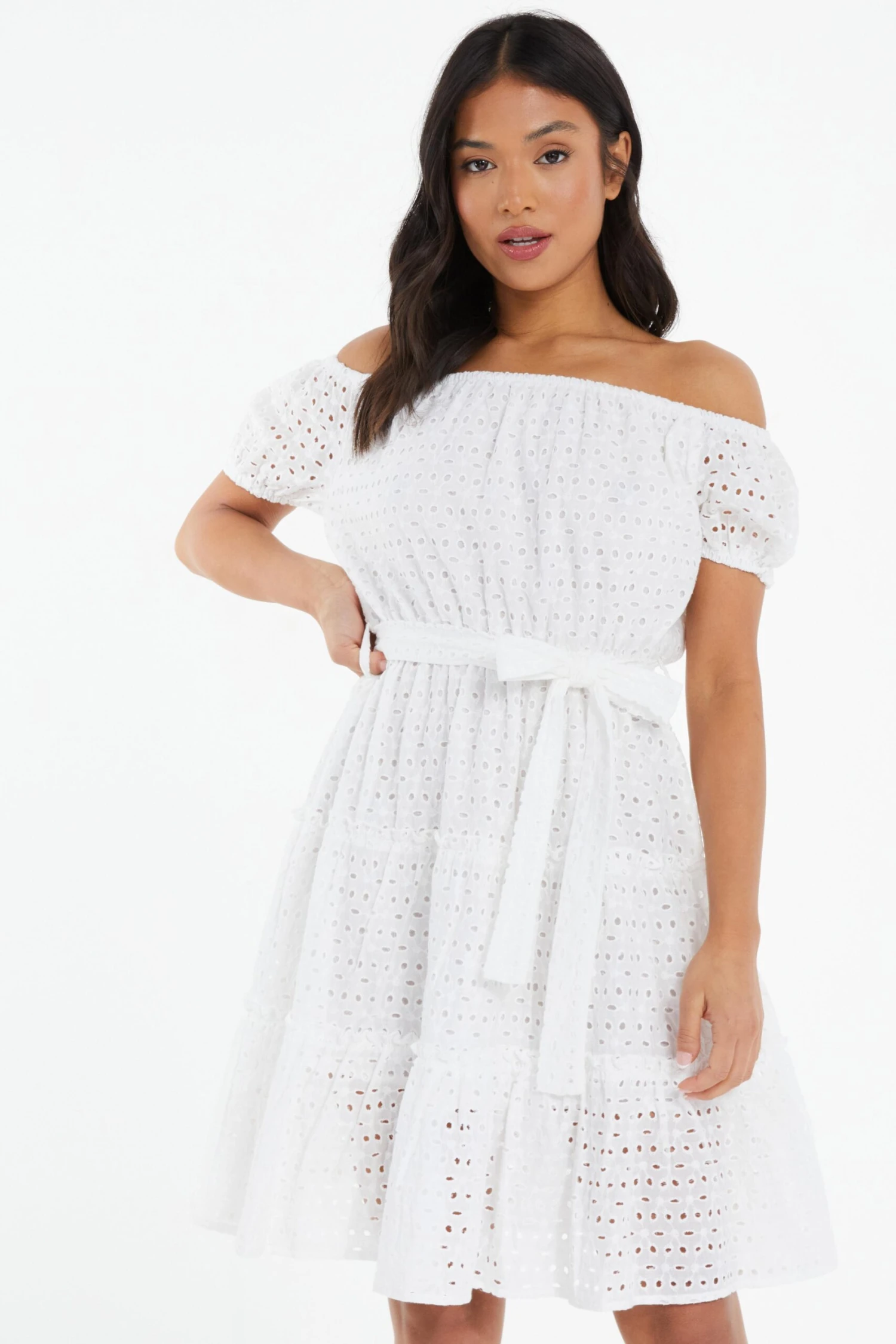 Petite White Embroidered Bardot Mini Dress 2 Petite White Embroidered Bardot Mini Dress - Image 2