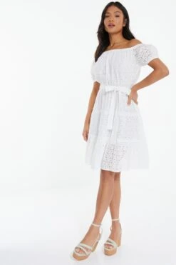 Petite White Embroidered Bardot Mini Dress 9 Petite White Embroidered Bardot Mini Dress -Glamourista 00100037291 XS