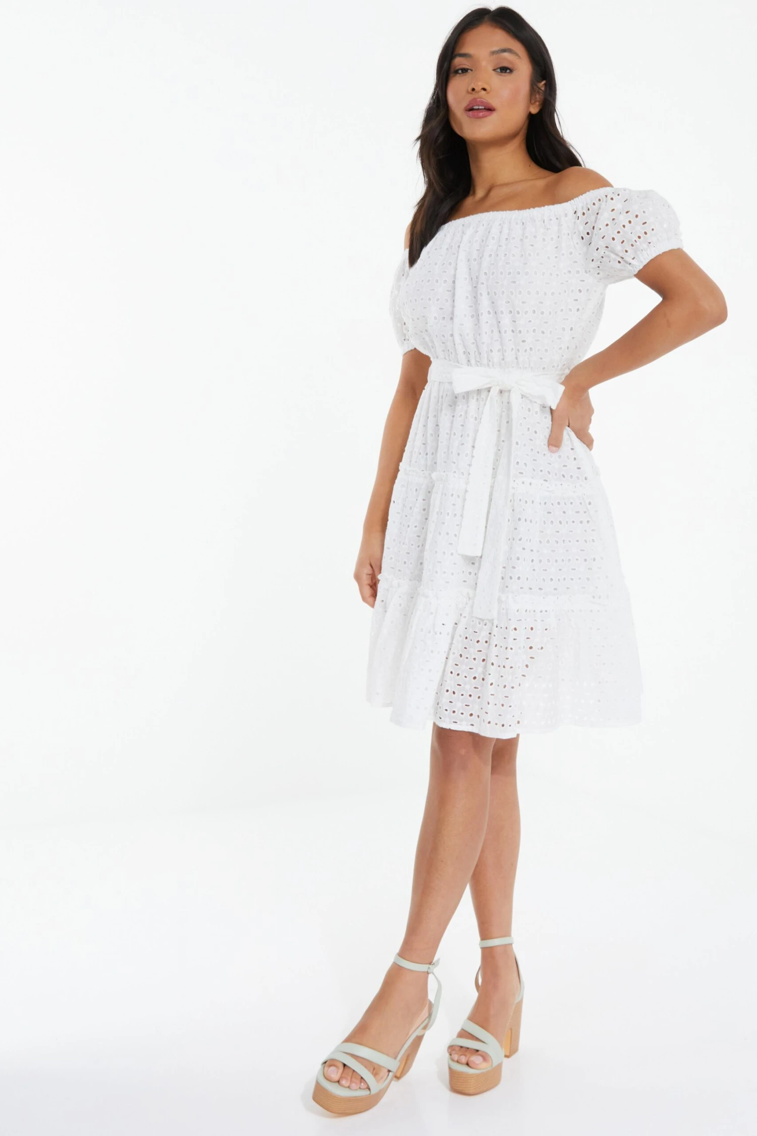 Petite White Embroidered Bardot Mini Dress 4 Petite White Embroidered Bardot Mini Dress - Image 4