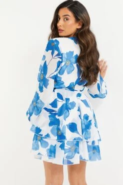 Petite Blue Chiffon Floral Tiered Mini Dress -Glamourista 00100037301 XB