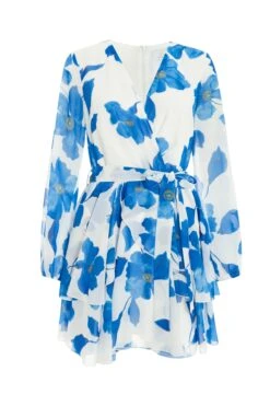 Petite Blue Chiffon Floral Tiered Mini Dress