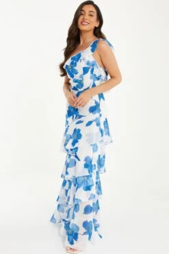 Petite Blue Chiffon Floral Tiered Maxi Dress -Glamourista 00100037302 XS