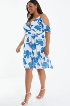 Curve Blue Chiffon Floral Cold Shoulder Midi Dress -Glamourista 00100037303 XS