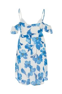 Curve Blue Chiffon Floral Cold Shoulder Midi Dress -Glamourista 00100037303 ZB