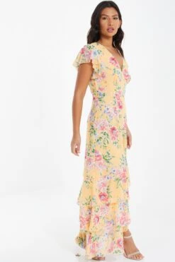 Yellow Chiffon Floral Frill Maxi Dress -Glamourista 00100037310 XS