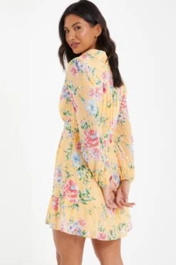 Yellow Chiffon Floral Shirt Dress -Glamourista 00100037311 XB
