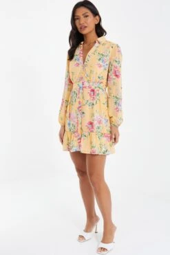 Yellow Chiffon Floral Shirt Dress -Glamourista 00100037311 XS
