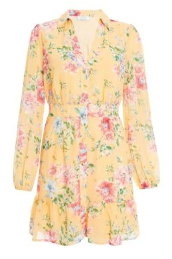 Yellow Chiffon Floral Shirt Dress