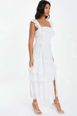 White Chiffon Dobby Tiered Maxi Dress -Glamourista 00100037314 XS