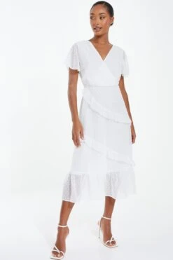 White Chiffon Dobby Wrap Midi Dress -Glamourista 00100037315 XS