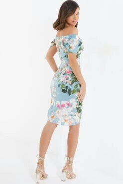 Blue Satin Floral Ruched Midi Dress -Glamourista 00100037316 XB