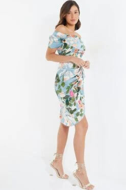 Blue Satin Floral Ruched Midi Dress -Glamourista 00100037316 XS