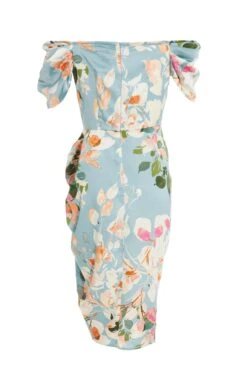 Blue Satin Floral Ruched Midi Dress -Glamourista 00100037316 ZB