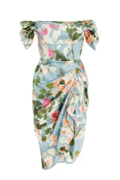 Blue Satin Floral Ruched Midi Dress