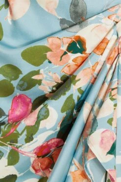 Blue Satin Floral Ruched Midi Dress -Glamourista 00100037316 ZS