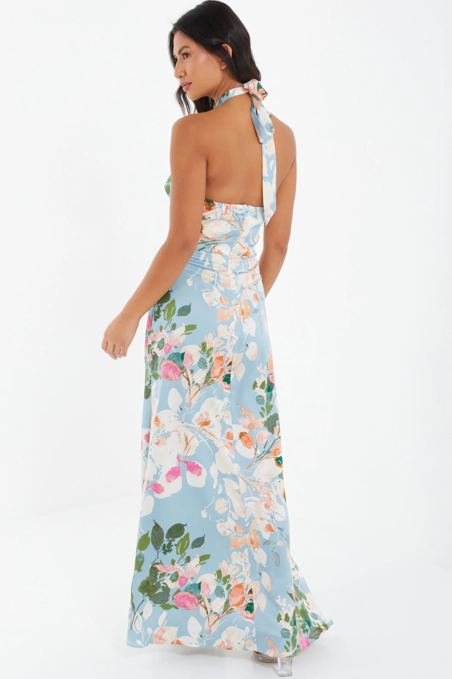 Blue Satin Floral High Neck Maxi Dress 3 Blue Satin Floral High Neck Maxi Dress - Image 3