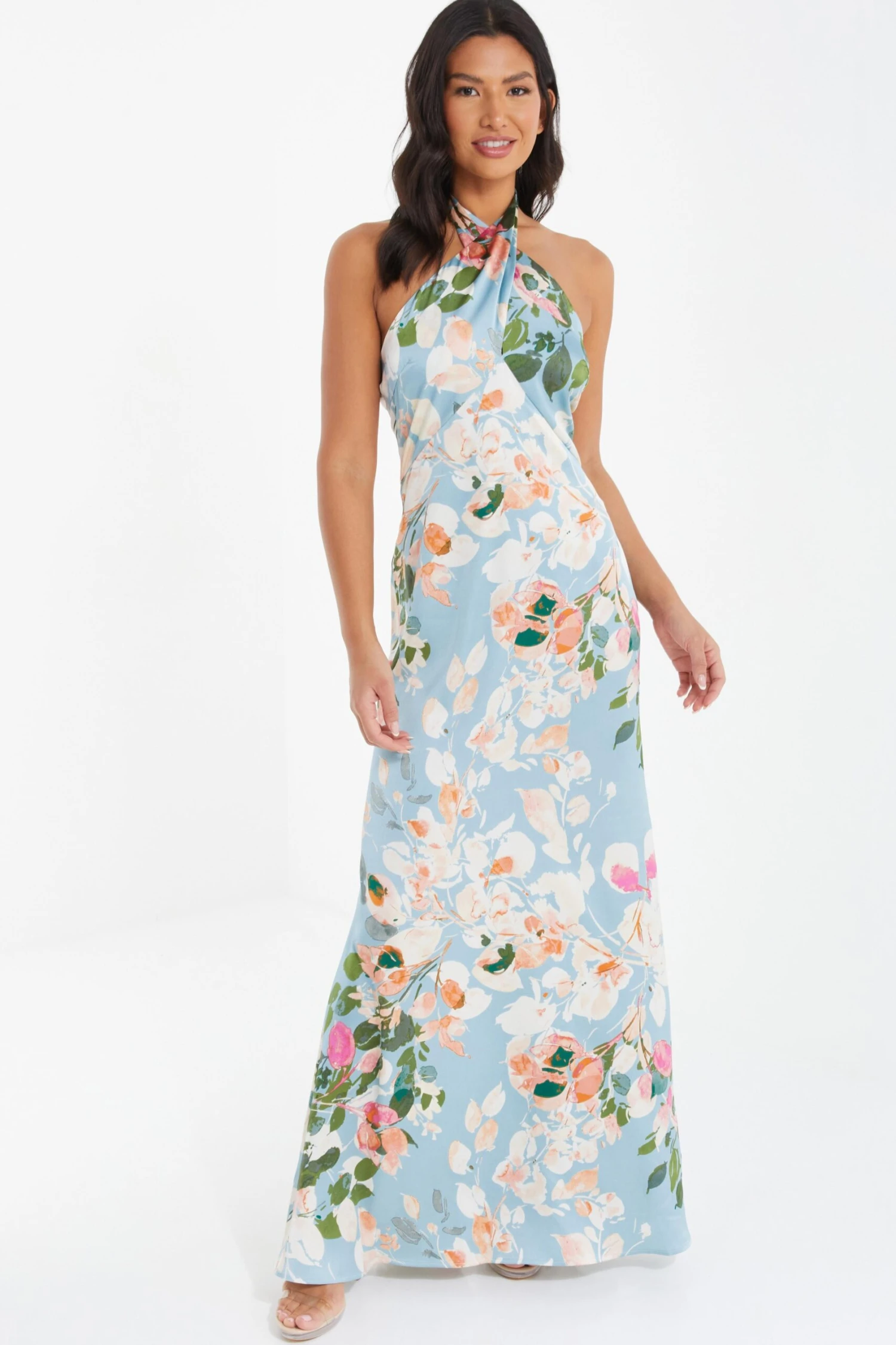Blue Satin Floral High Neck Maxi Dress 2 Blue Satin Floral High Neck Maxi Dress - Image 2