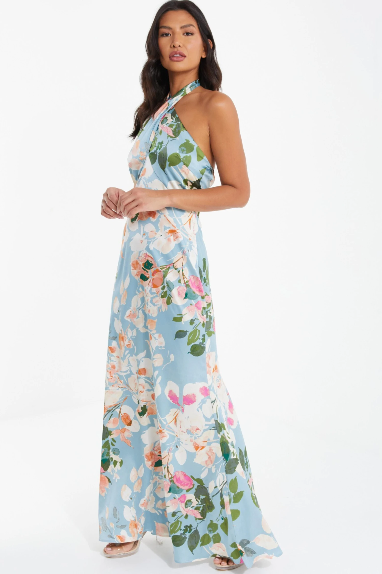Blue Satin Floral High Neck Maxi Dress 4 Blue Satin Floral High Neck Maxi Dress - Image 4