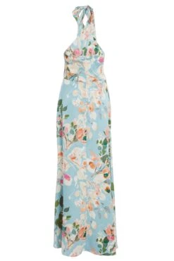 Blue Satin Floral High Neck Maxi Dress 10 Blue Satin Floral High Neck Maxi Dress -Glamourista 00100037317 ZB