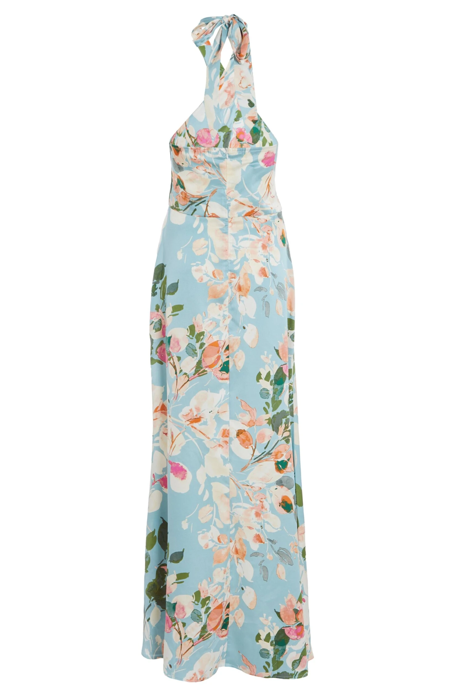Blue Satin Floral High Neck Maxi Dress 5 Blue Satin Floral High Neck Maxi Dress - Image 5