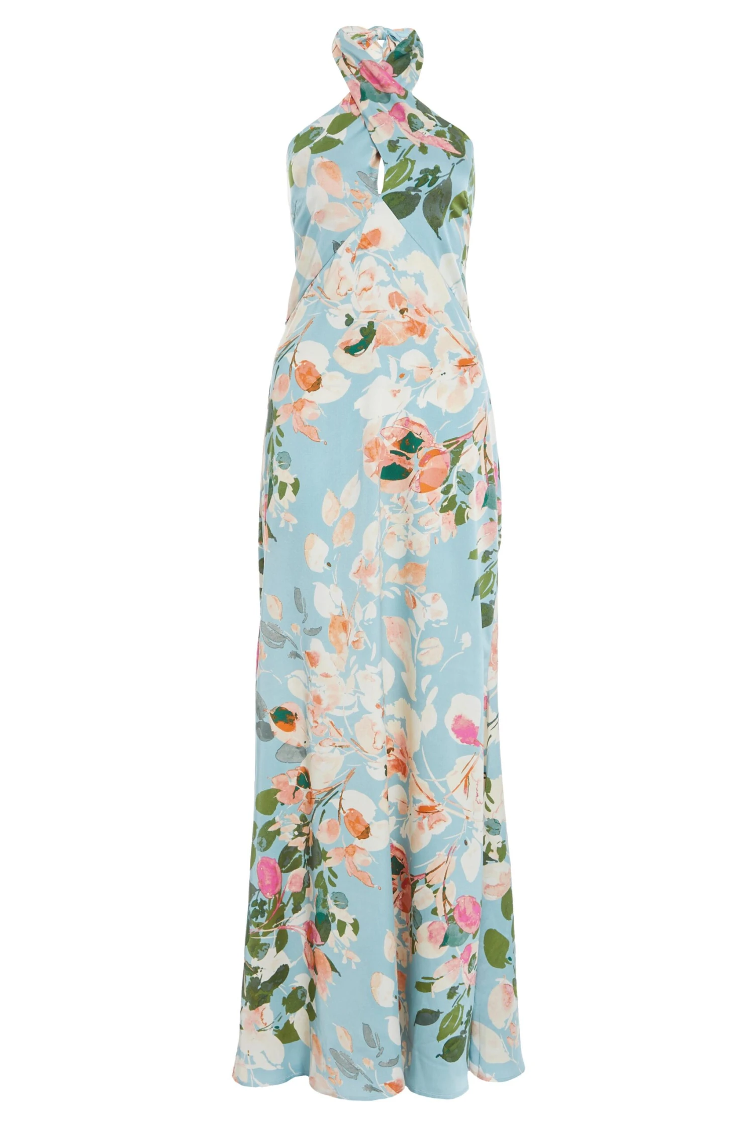 Blue Satin Floral High Neck Maxi Dress 1 Blue Satin Floral High Neck Maxi Dress