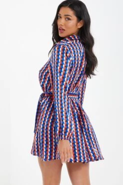 Blue Satin Geometric Mini Shirt Dress -Glamourista 00100037330 XB