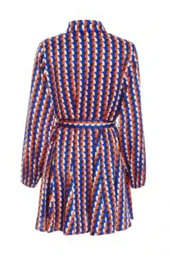 Blue Satin Geometric Mini Shirt Dress -Glamourista 00100037330 ZB