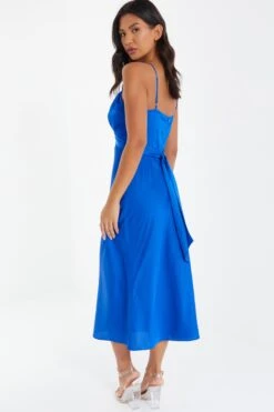 Royal Blue Satin Ruched Midi Dress -Glamourista 00100037344 XB