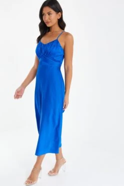 Royal Blue Satin Ruched Midi Dress -Glamourista 00100037344 XS