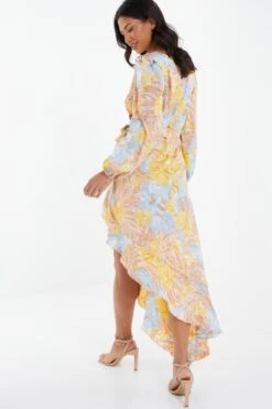 Multicoloured Satin Floral Asymmetric Midi Dress -Glamourista 00100037351 XB