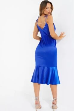 Royal Blue Satin Fishtail Midi Dress -Glamourista 00100037352 XB