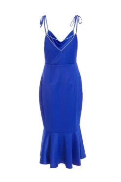Royal Blue Satin Fishtail Midi Dress -Glamourista 00100037352 ZB