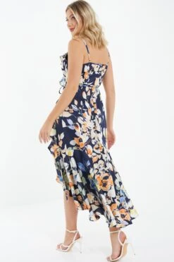 Navy Floral Satin Frill Wrap Midi Dress -Glamourista 00100037367 XB