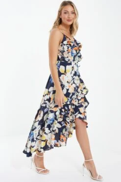 Navy Floral Satin Frill Wrap Midi Dress -Glamourista 00100037367 XS