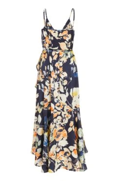Navy Floral Satin Frill Wrap Midi Dress -Glamourista 00100037367 ZB