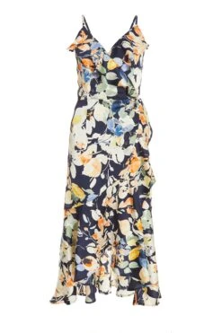 Navy Floral Satin Frill Wrap Midi Dress