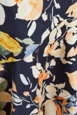 Navy Floral Satin Frill Wrap Midi Dress -Glamourista 00100037367 ZS