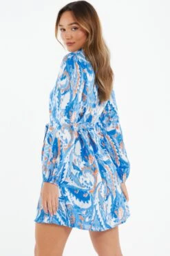 Blue Marble Print Shirt Mini Dress -Glamourista 00100037368 XB
