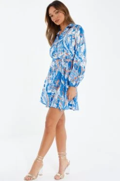 Blue Marble Print Shirt Mini Dress -Glamourista 00100037368 XS