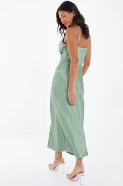 Sage Satin Ruched Split Midi Dress -Glamourista 00100037374 XB