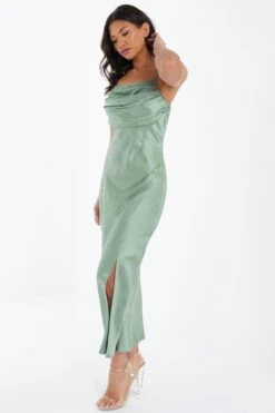 Sage Satin Ruched Split Midi Dress -Glamourista 00100037374 XS