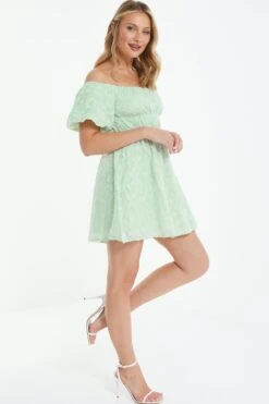 Sage Green Jacquard Bardot Mini Dress -Glamourista 00100037378 XS